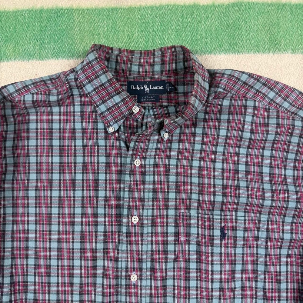 Vintage Ralph Lauren Big Shirt XL Plaid Button Down Blue Burgundy 90s Cotton